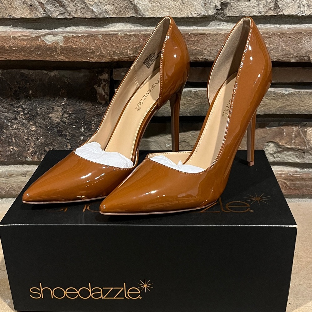 Shoe Dazzle Women's Patent Leather Pointed-Toe Pumps in Cognac